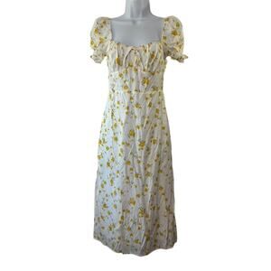 Sweet Pot White & Yellow Floral Midi Cottage Core Puff Sleeve Dress Size 2